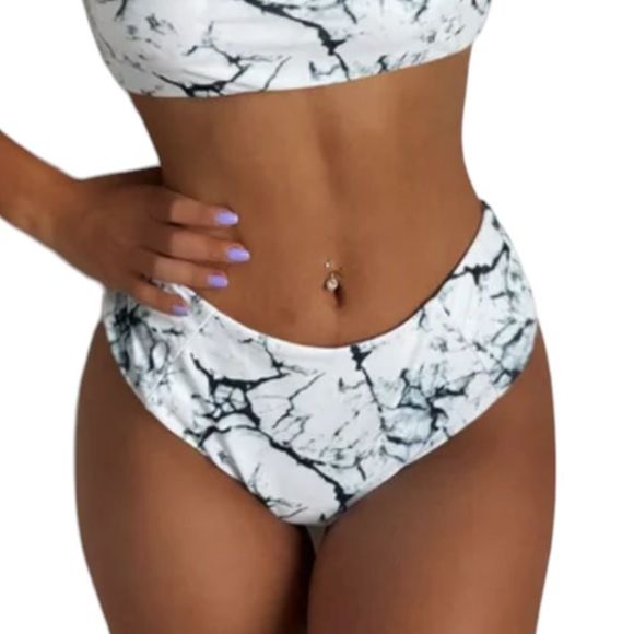EUC Zaful High Waisted Marble Print Bikini Bottom 8 White - Picture 1 of 15